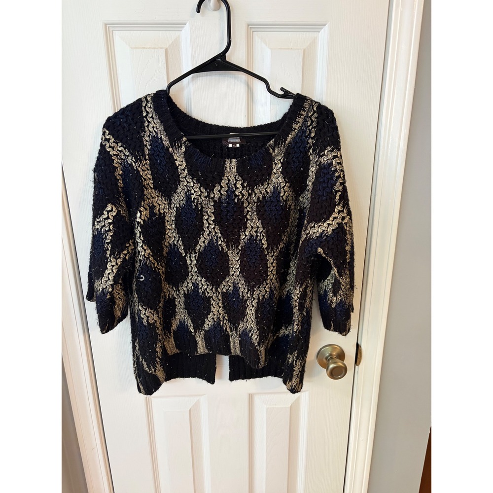 Kerisma Sweater Womens M/L Black Gold Metallic Diamond Knit 3/4 Sleeve M5022